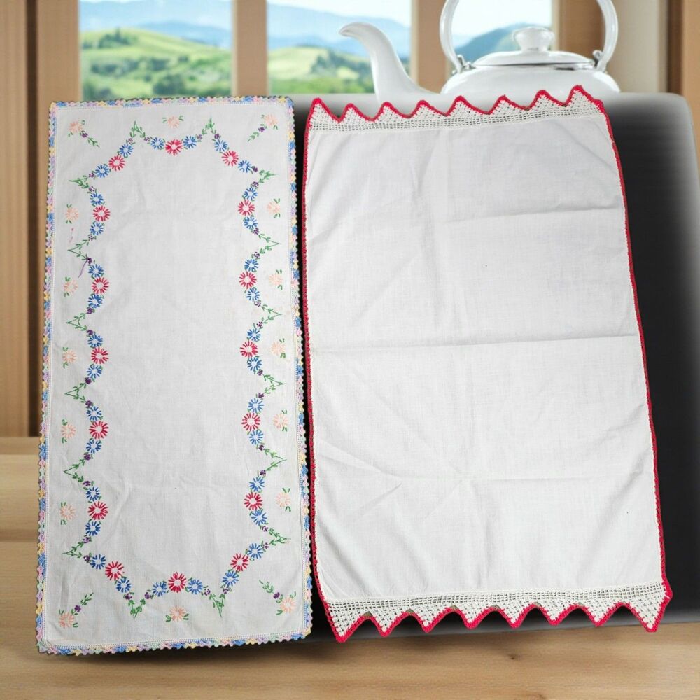 Vintage Hand Embroidered & Crochet Linen Runners Pair Floral & Red Trim 24"
